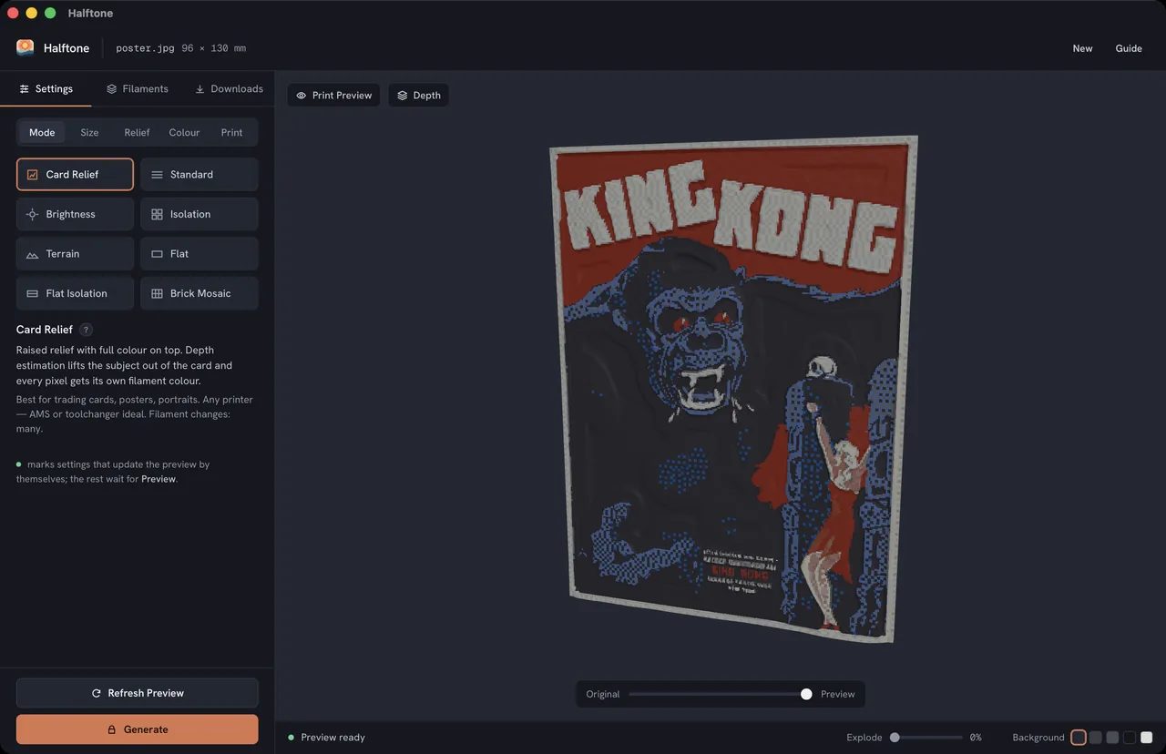 Halftone previewing a Card Relief print of a 1933 King Kong poster