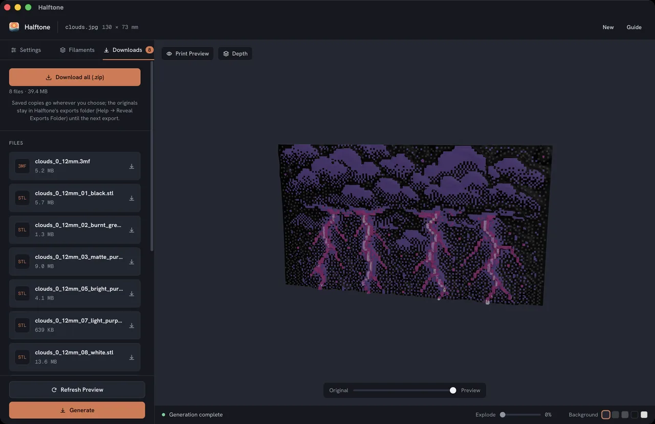 Halftone downloads tab listing STL files and a filament swap schedule
