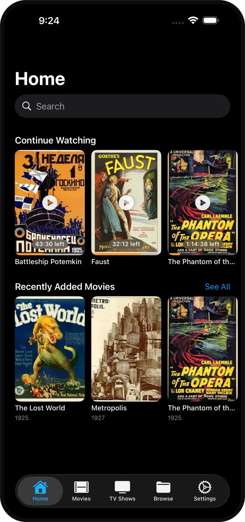Nightbeam home screen with continue watching and recently added films