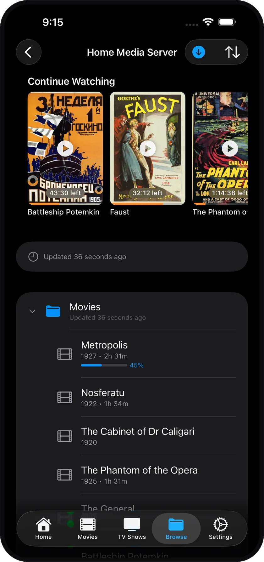 Nightbeam browsing folders on a home media server