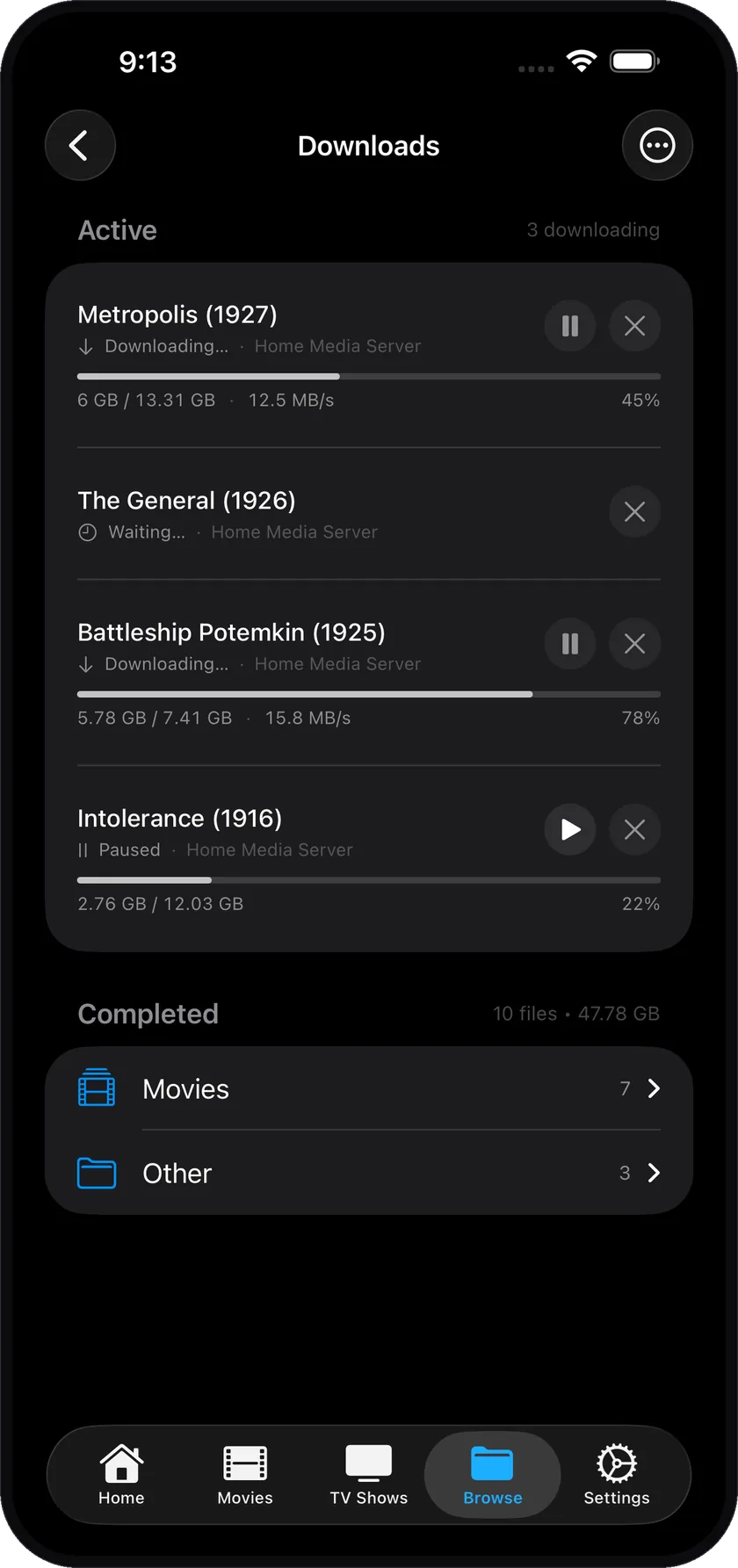 Nightbeam downloads screen with several files downloading at once