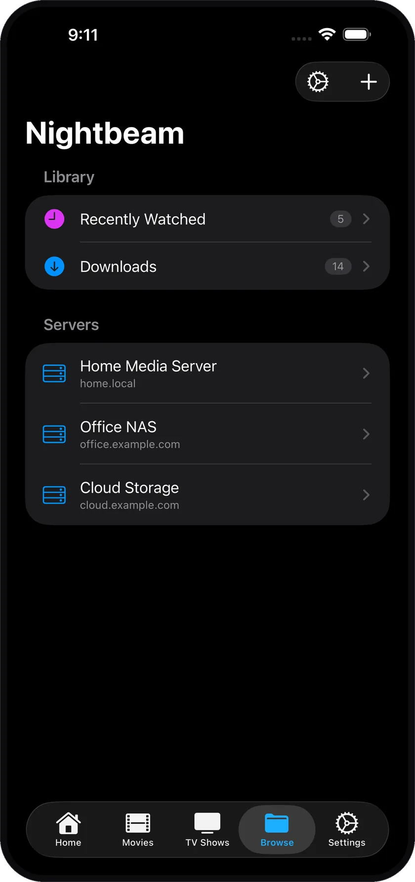 Nightbeam server list showing a home media server, office NAS and cloud storage
